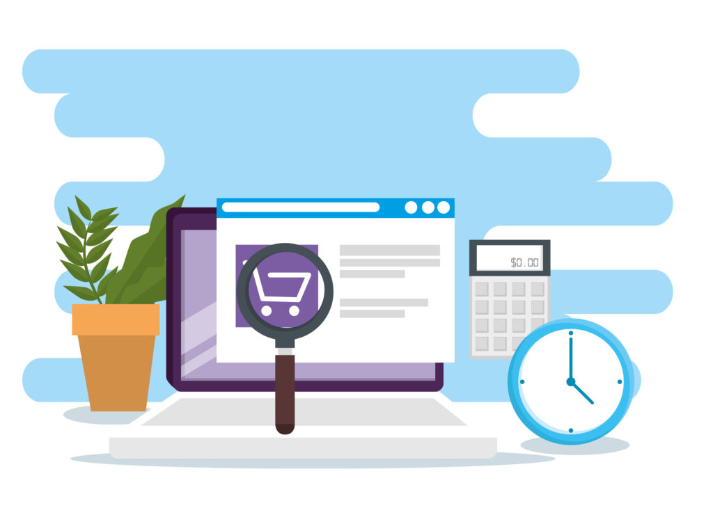 A laptop displaying a digital interface magnified by a shopping cart icon, symbolizing online processes. A calculator showing "$0.00" and a clock beside the laptop emphasize time and cost efficiency, relevant to industries like manufacturing. This image conceptually relates to the use of an Electronic Batch Record (EBR) system for optimizing workflows.