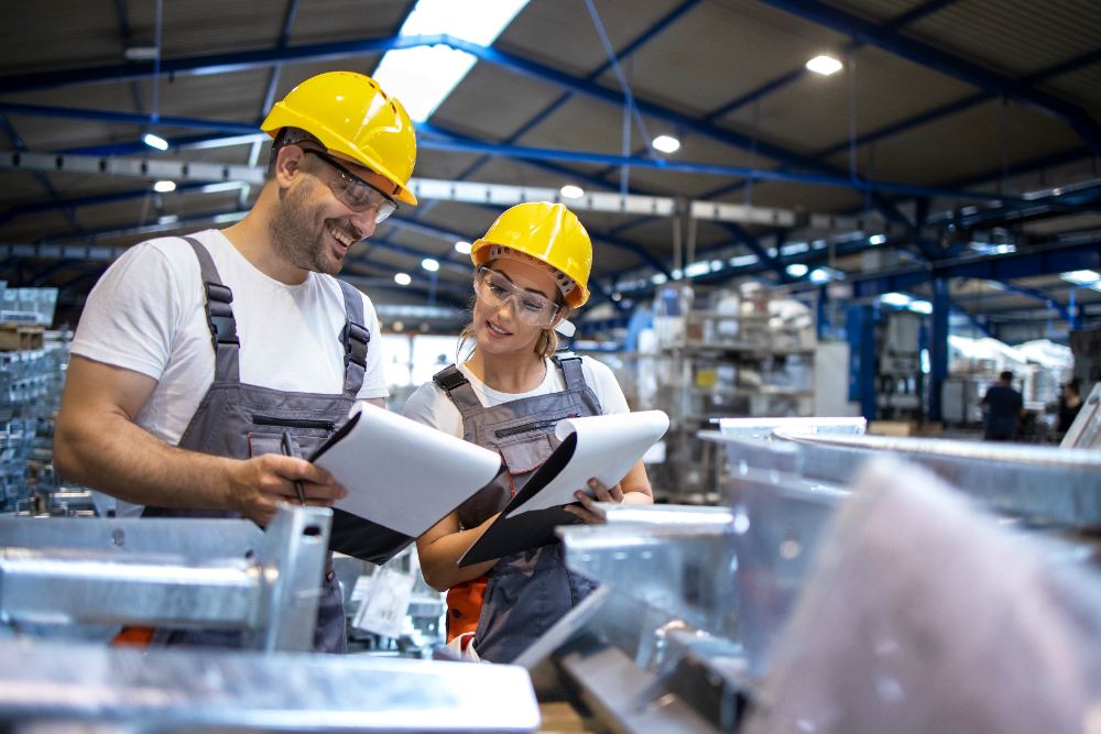 Two workers in a manufacturing facility reviewing documents while following best practices in the manufacturing industry.