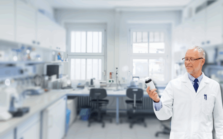 A scientist in a white coat holding a vial stands in a modern laboratory with blurred equipment and workstations in the background. The image represents SAP MES implementation, showcasing a professional environment where advanced manufacturing execution systems enhance operational efficiency and compliance.