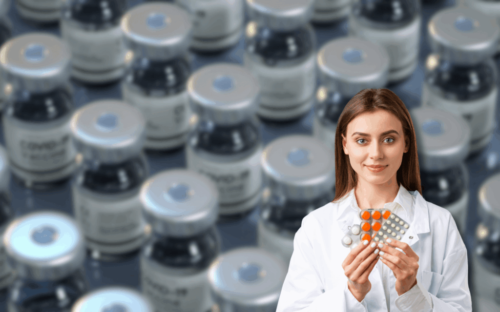 A healthcare professional in a white coat holds pill packs, with vaccine vials in the background, illustrating MES implementation steps. This image highlights key stages in managing medical supply chains securely and efficiently.