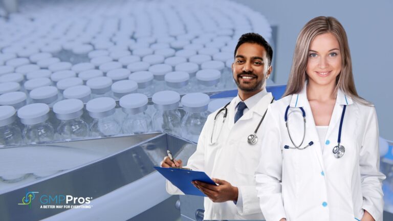 Two pharmaceutical professionals reviewing 505b2 application data with medicine bottles in background