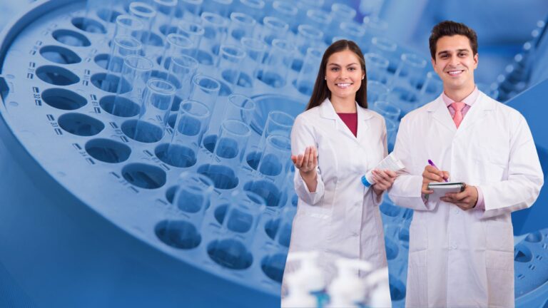 Two pharmaceutical scientists in lab coats discussing 505b2 drugs development in a modern laboratory with test tubes and research equipment