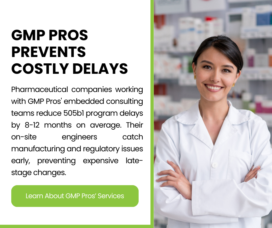 Smiling female pharmaceutical professional in white lab coat with crossed arms in pharmacy setting, promoting GMP Pros consulting services for reducing 505b1 program delays