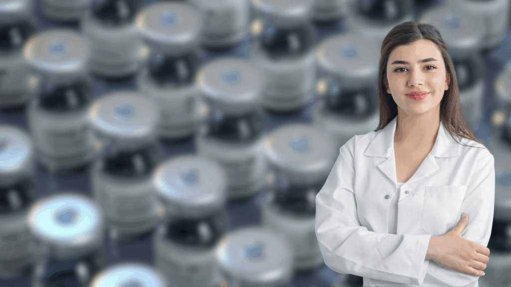 Confident female pharmaceutical scientist in white lab coat with crossed arms standing in front of modern drug manufacturing equipment and bioreactors