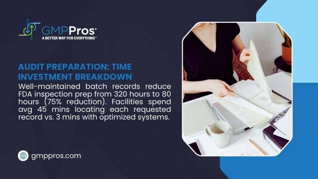 Batch Record Management Best Practices: A Technical Guide for FDA-Regulated Facilities 3 Audit preparation time investment: well-maintained batch records reduce FDA inspection prep from 320 to 80 hours (75%), cutting record location time to 3 minutes.