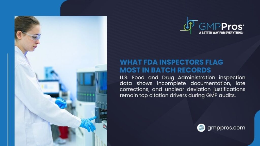 Why Batch Records Delay Product Release in FDA-Regulated Manufacturing 2 GMPPros infographic: "What FDA Inspectors Flag Most in Batch Records." Highlights incomplete documentation, late corrections, and unclear deviation justifications as top GMP audit citations. Shows lab scientist operating equipment.