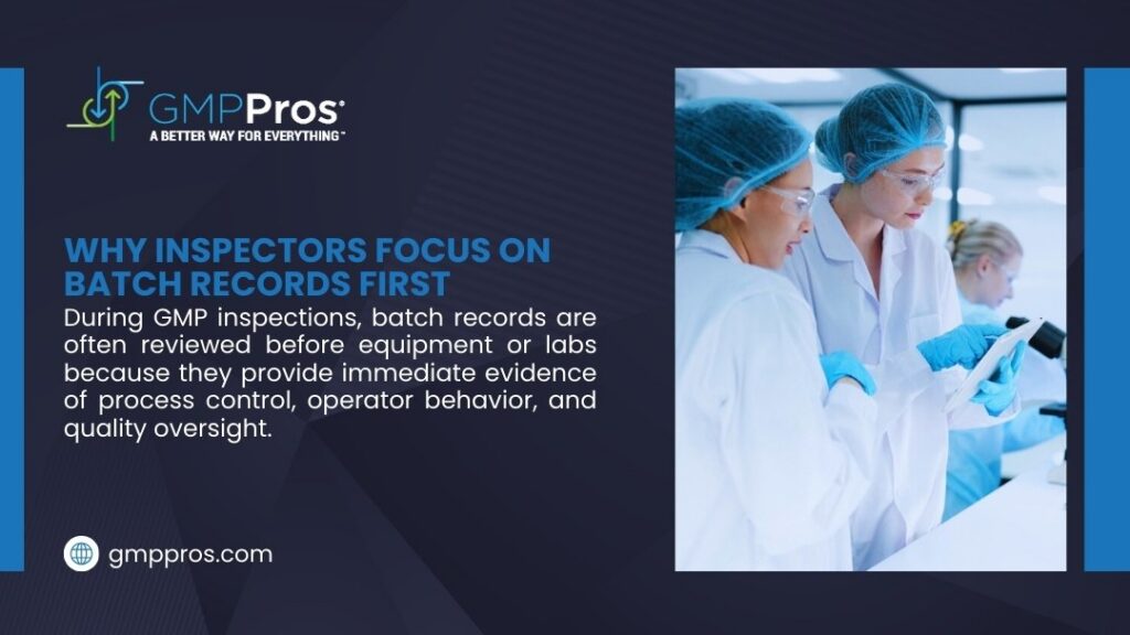 Data Integrity Issues in Pharmaceutical Batch Records: Prevention and Remediation Guide 3 GMPPros infographic: inspectors focus on batch records first during GMP inspections as they provide immediate evidence of process control, operator behavior, and quality oversight