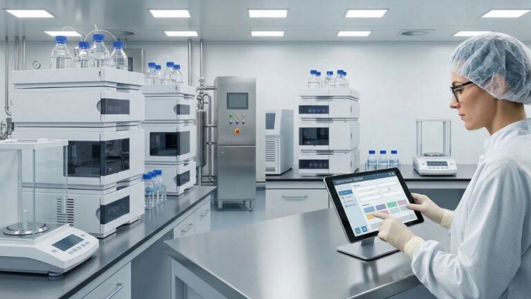 regulated manufacturing project management consulting 25 Lab technician in a cleanroom using a tablet for digital batch record entry, reducing manual transcription errors in GMP pharmaceutical manufacturing.