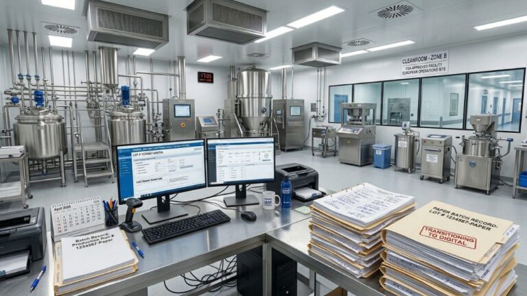 Regulated Manufacturing Process Automation Consulting 7 Pharmaceutical manufacturing cleanroom control area with dual monitors displaying electronic batch records, large stacks of paper batch records on stainless steel desk, and background stainless steel production equipment.