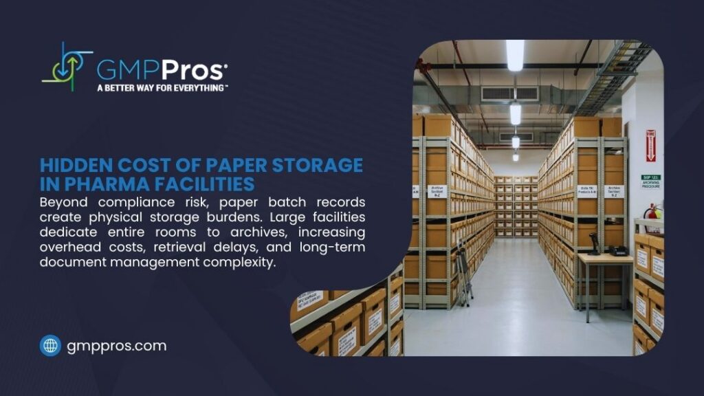 Challenges Transitioning from Paper to Electronic Batch Records: What Pharma Manufacturers Need to Know 1 Long aisle in pharmaceutical archive room lined with tall metal shelving units filled with orange cardboard archive boxes for paper batch records and GMP document storage.