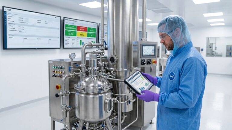 Regulated Manufacturing Process Automation Consulting 6 Pharma technician using tablet at bioreactor with EBR dashboard — legacy MES integration with electronic batch records for FDA-regulated manufacturers.