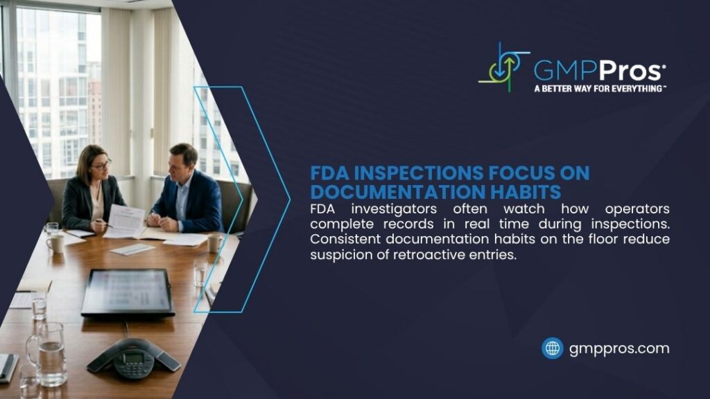 How to Avoid FDA Warning Letters for Batch Record Deficiencies 1 Two professionals reviewing documents at a conference table, illustrating how FDA inspections focus on documentation habits and real-time record completion during audits.
