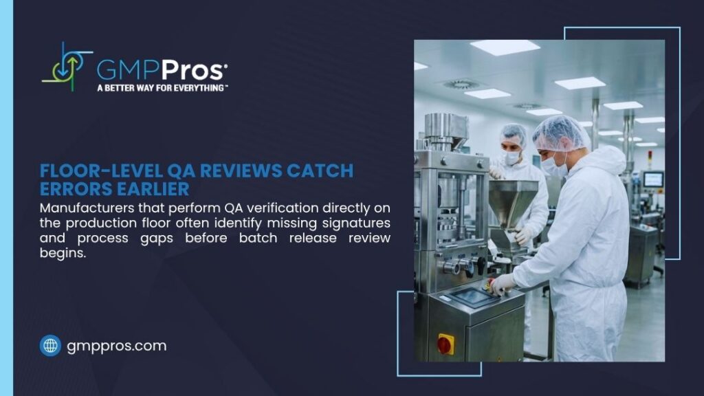 How to Avoid FDA Warning Letters for Batch Record Deficiencies 3 Two gowned workers operating pharmaceutical manufacturing equipment in a cleanroom, illustrating how floor-level QA reviews catch errors earlier before batch release.