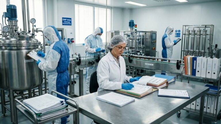 regulated manufacturing project management consulting 26 QA specialist reviewing batch records in a GMP pharmaceutical facility with workers documenting processes, showing how to avoid FDA warning letters for batch record deficiencies.