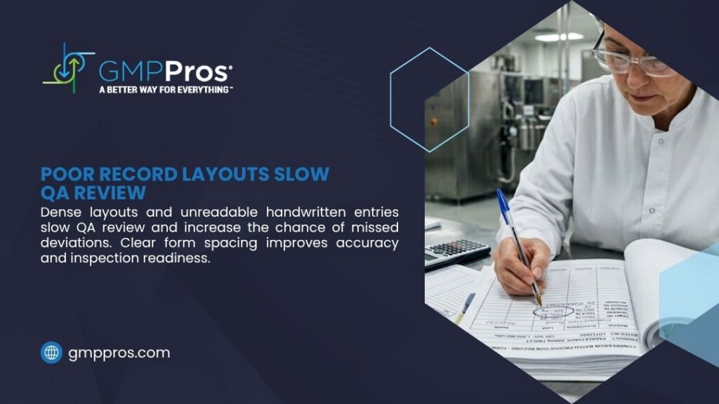 How to Avoid FDA Warning Letters for Batch Record Deficiencies 2 Lab worker in a white coat writing in a dense batch record form, showing how poor record layouts slow QA review and increase the risk of missed deviations.