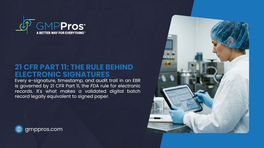 Incomplete Batch Records Causing Lot Release Delays: Why It Happens and How to Prevent It 3 Worker signing electronic batch record on tablet near production equipment, illustrating 21 CFR Part 11, the rule behind electronic signatures.