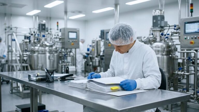 Biotechnology project management consulting 16 Worker reviewing thick batch record documents in cleanroom, illustrating incomplete batch records causing lot release delays and prevention methods.