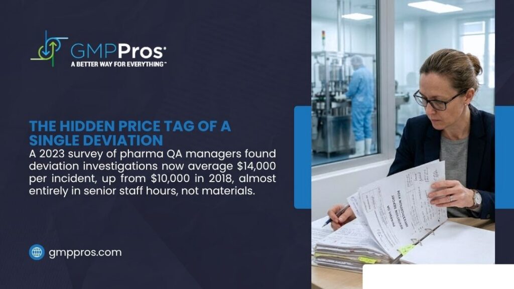 In-Process Control Documentation Failures in Batch Records: Causes, Risks, and How to Prevent Them 1 QA manager reviewing deviation report binder near pharma production line, illustrating the hidden price tag of a single deviation investigation.