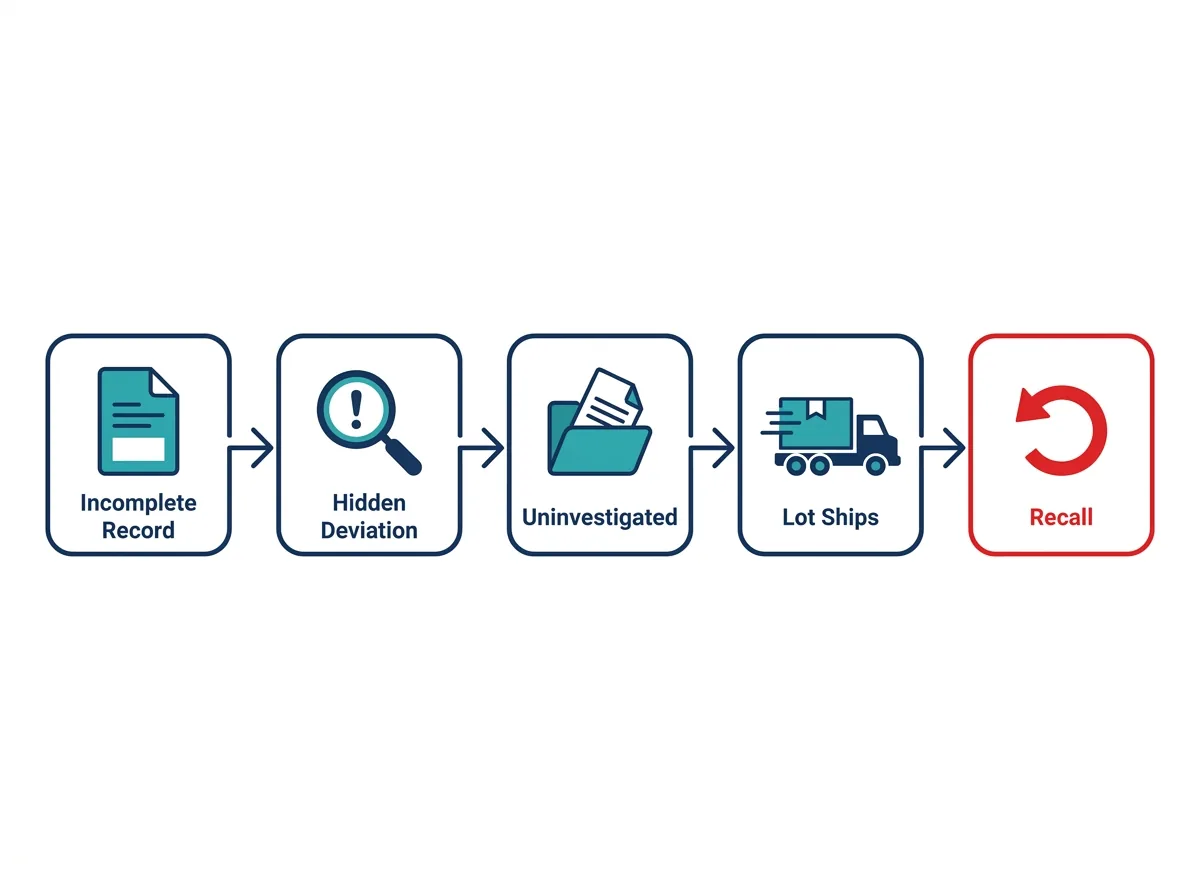 Preventing Batch Record-Related Product Recalls: A Compliance and Engineering Playbook for FDA-Regulated Manufacturers 1 Process-flow diagram tracing an incomplete batch record through a hidden deviation to a shipped lot and a product recall
