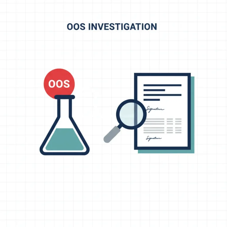 Food and Beverage Project Management Consulting 6 Flat illustration linking an out-of-specification lab flask to a batch manufacturing record under investigation