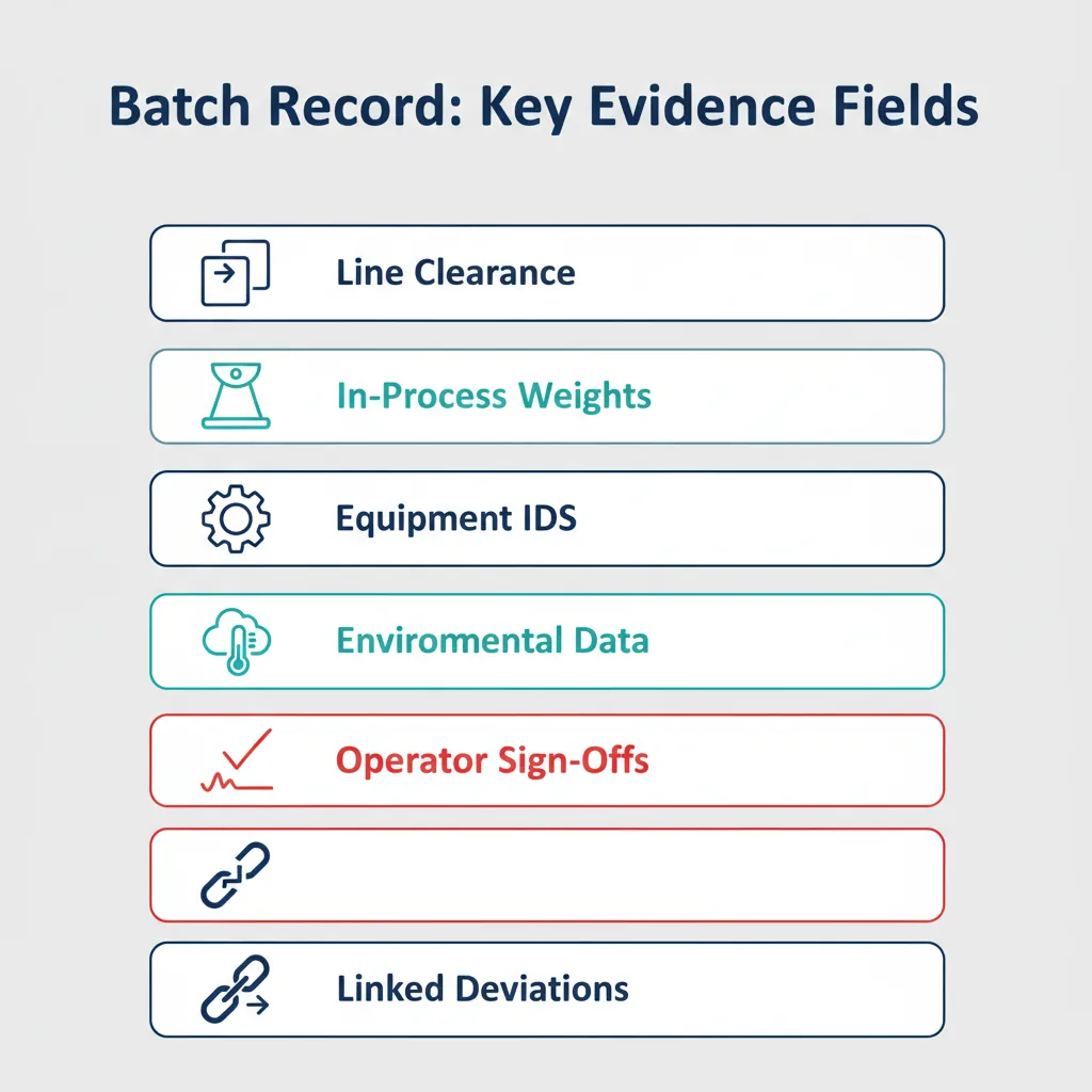 Batch Record Related OOS Investigations: FDA Guide 1 Infographic listing six key batch record fields used as OOS investigation evidence