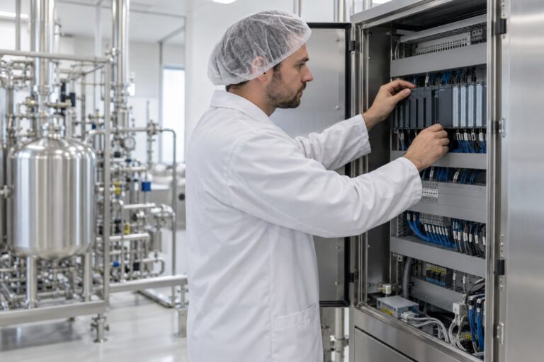 Life Science Project Management Consulting 7 Automation engineer checking PLC IO modules in an open control cabinet beside stainless pharmaceutical process equipment