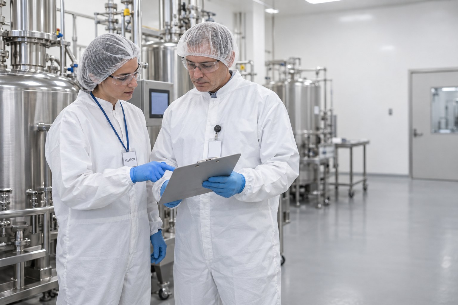 An internal engineer and an outside specialist in cleanroom gowns review a validation protocol beside stainless pharmaceutical equipment